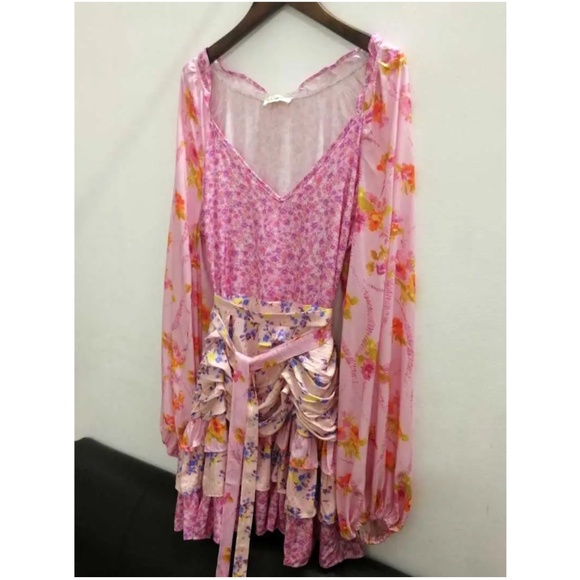 Boho Floral print Tiered Ruffle Hem Balloon Sleeve Belted Dress - Picture 10 of 10